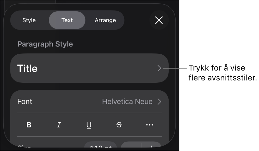 Format-menyen som viser tekstkontroller for å angi avsnitts- og tegnstiler, font, størrelse og farge.