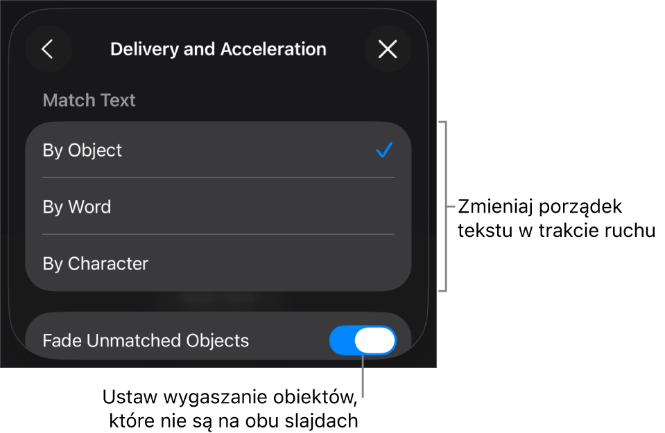 Opcje wykonania oraz zmiany tempa Magicznego przejścia w panelu Zmiany tempa.