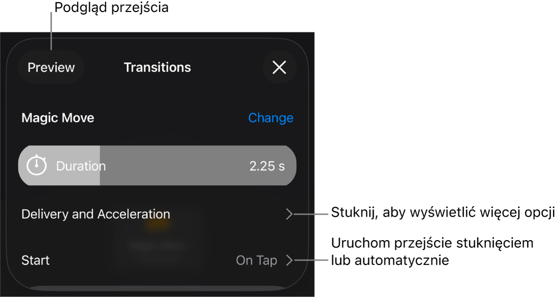 Narzędzia przejścia Magiczne przejście w panelu Przejścia.