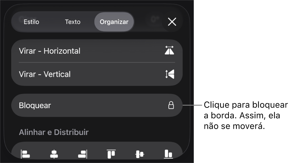Controles de Organizar no menu Formatar, com o botão Bloquear destacado.