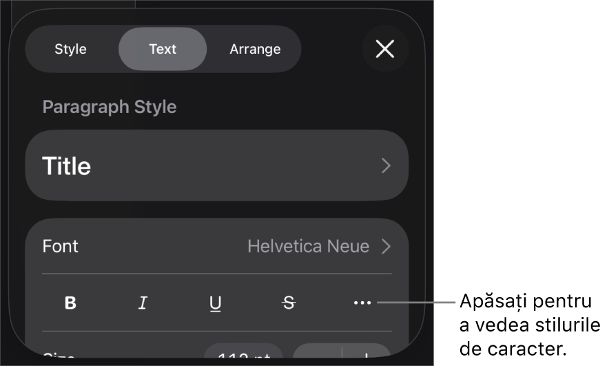 Comenzile Format cu stilurile de paragraf în partea de sus, apoi comenzile Font. Sub Font se află butoanele Aldin, Cursiv, Subliniat, Tăiat cu o linie și Alte opțiuni de text.