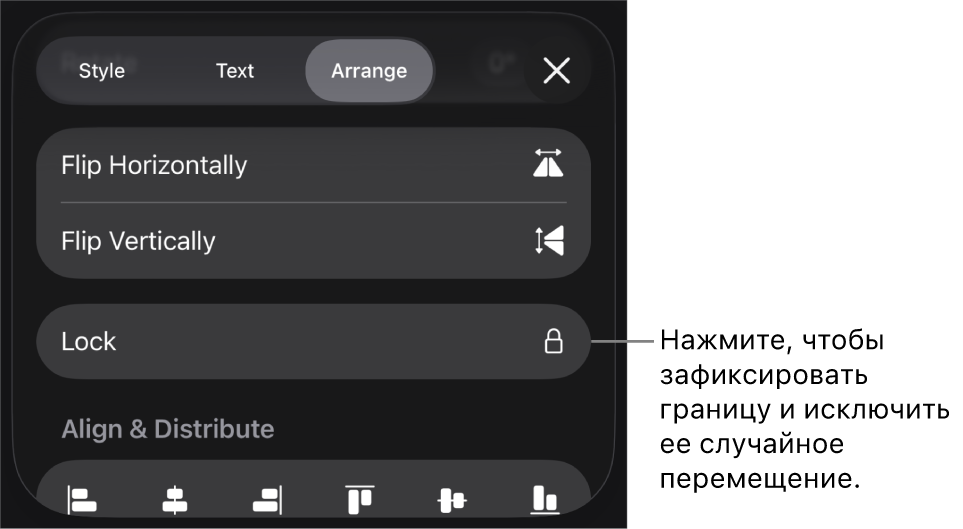 Элементы управления «Расстановка» в меню «Формат»; выделена кнопка «Закрепить».