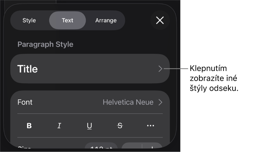 Menu Formát zobrazujúce ovládacie prvky pre nastavenie štýlov odseku a znakov, písma, veľkosti a farby.