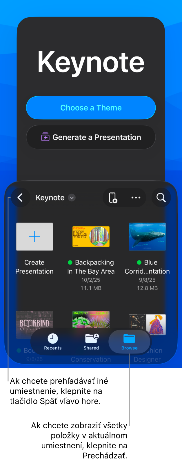 Správca dokumentov s tlačidlami na výber témy a začatie vytvárania prezentácie z osnovy v hornej polovici obrazovky. V spodnej časti sa zobrazujú uložené prezentácie.