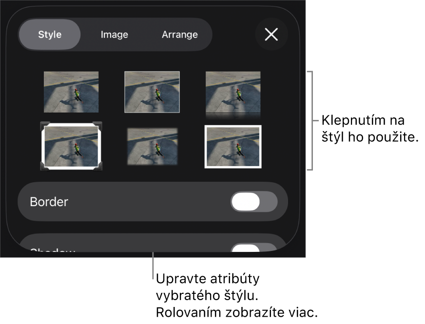 Záložka Štýl menu Formát so štýlmi objektov v hornej časti a ovládacím prvkom pod nimi s možnosťou zmeny okraja.