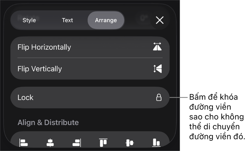 Các điều khiển Sắp xếp trong menu Định dạng với nút Khóa được gọi ra.
