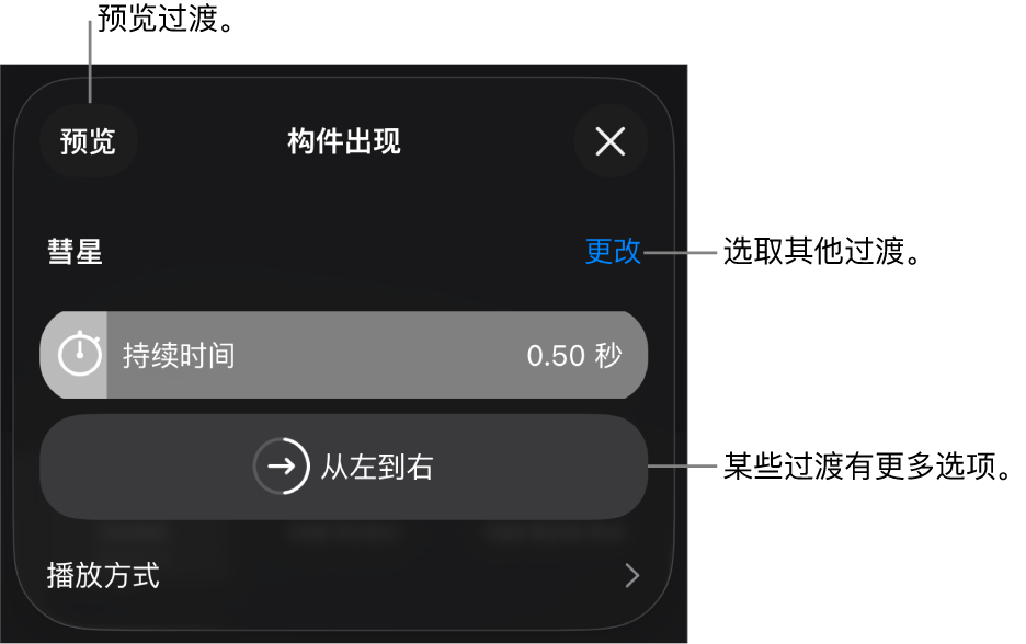 “选项”面板中用于修改过渡的控制。