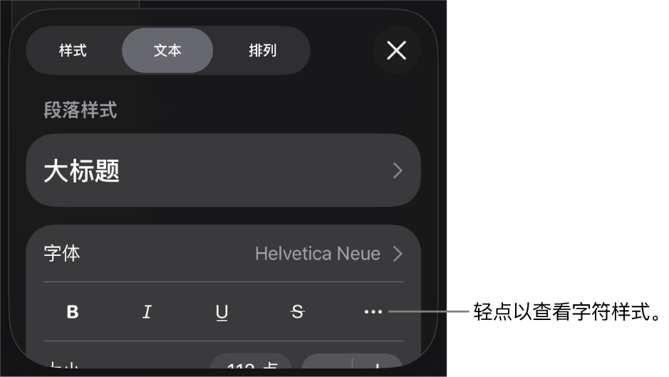 “格式”控制，顶部是段落样式，然后是“字体”控制。“字体”下方是“粗体”、“斜体”、“下划线”、“删除线”和“更多文本选项”按钮。