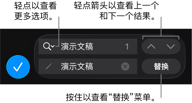 键盘上方的“查找与替换”控制，包含“替换”、“前往上一个”和“前往下一个”按钮，以及轻点可显示“搜索选项”的箭头。