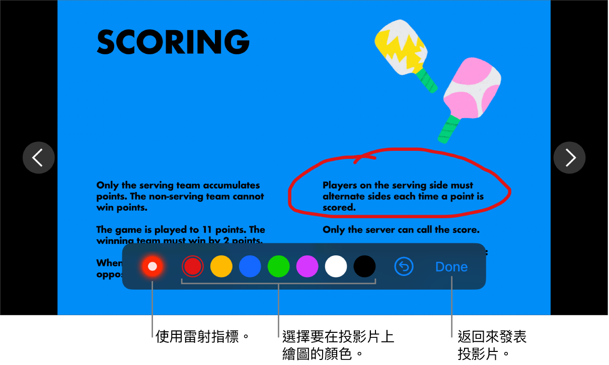 投影片圖解模式中的投影片顯示雷射筆和顏色選取控制項目。