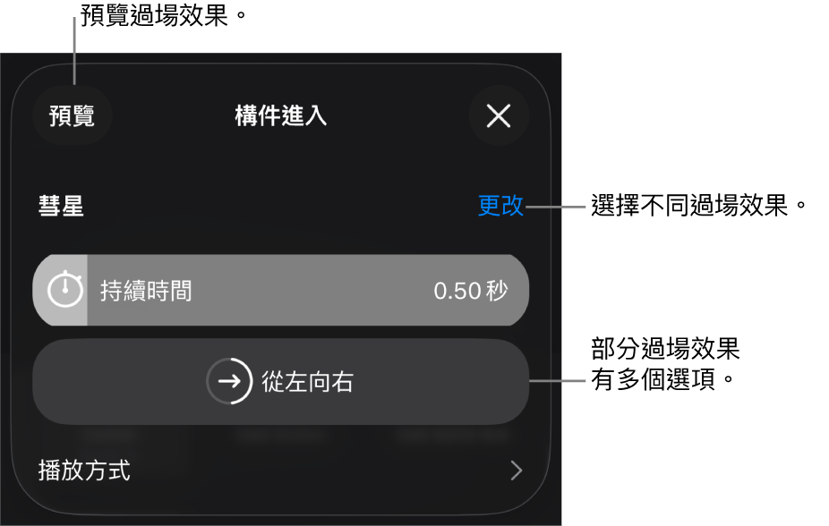 「選項」面板中用於修改過場效果的控制項目。