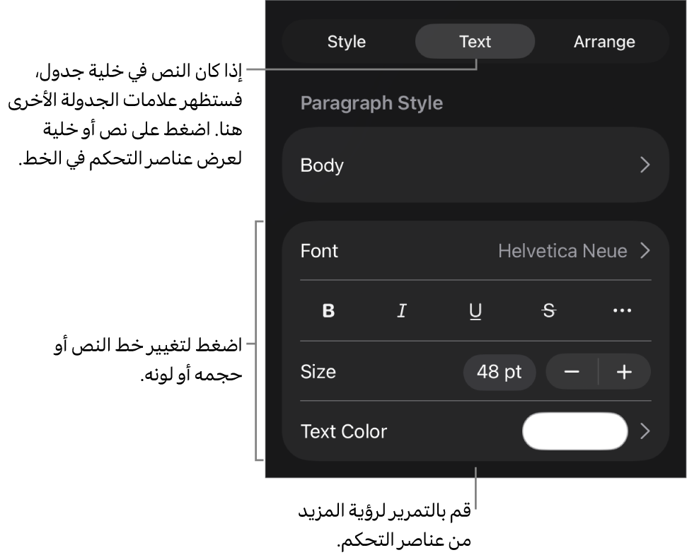 عناصر التحكم في النص في قائمة التنسيق لإعداد أنماط الأحرف والفقرات، والخط، والحجم، واللون.
