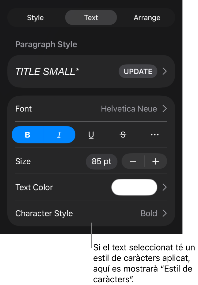 Els controls de format de text amb l’estil de caràcter a sota dels controls de color. L’estil de caràcter Cap amb un asterisc.