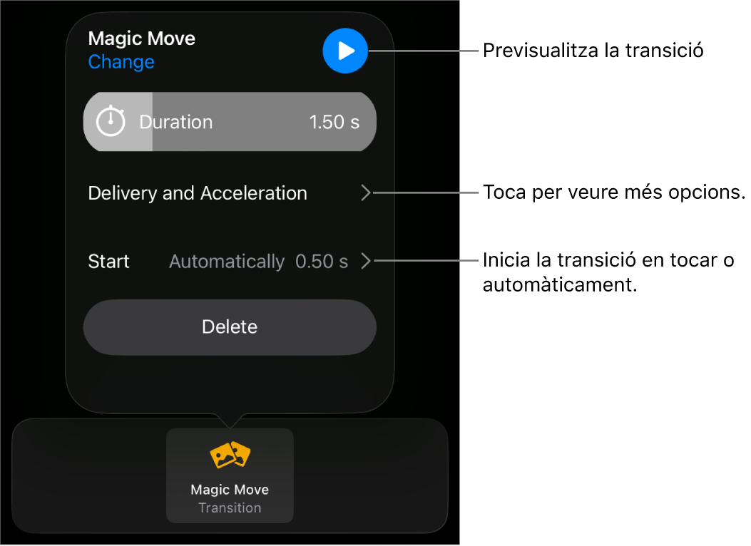 Els controls “Moviment màgic” del tauler Transicions.