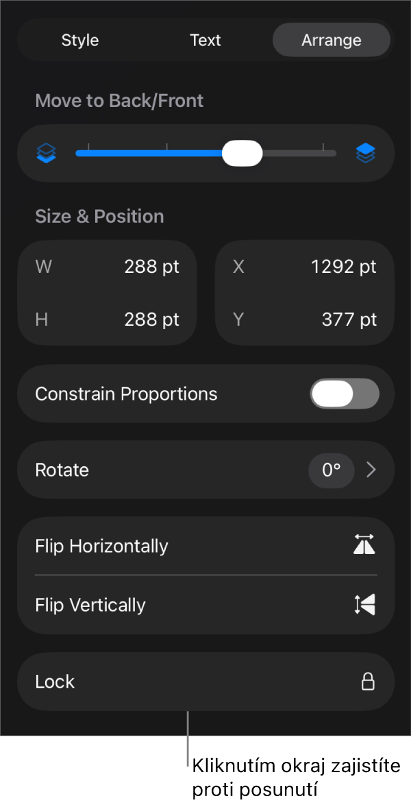 Ovládací prvky pro rozložení v nabídce Formát; vyznačeno je tlačítko Zamknout