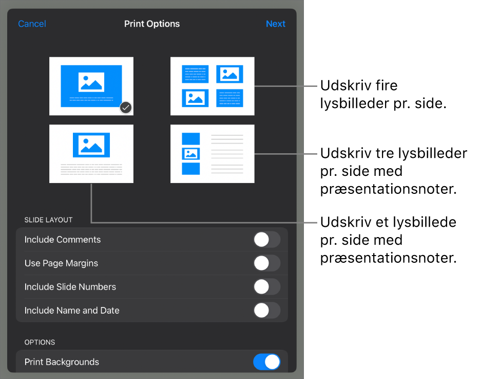 Indstillinger til layout af udskrivning.
