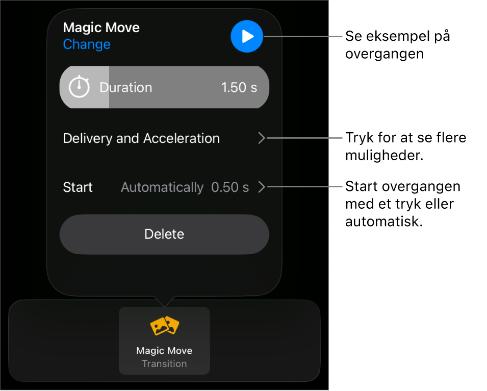 Betjeningsmuligheder til Magisk flytning i vinduet Overgange.