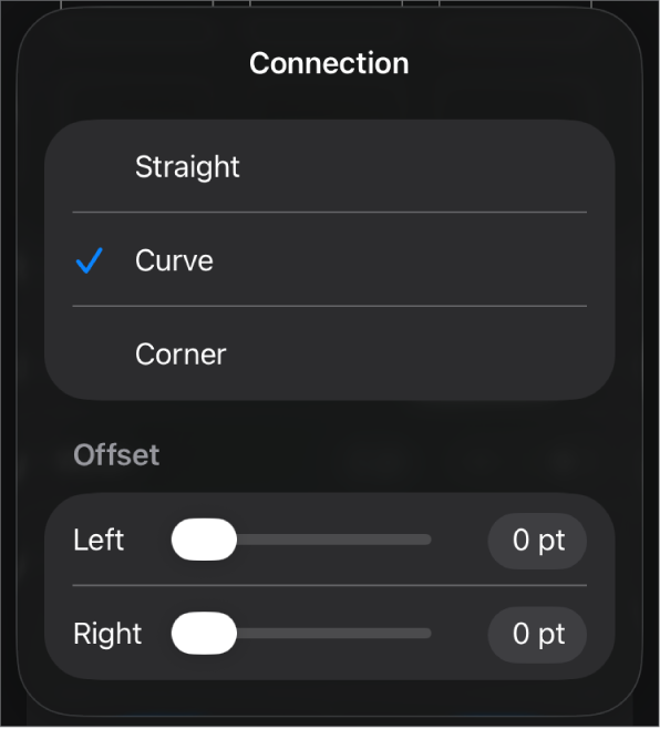 Die Steuerelemente im Abschnitt „Verbindung“ mit dem ausgewählten Element „Kurve“.
