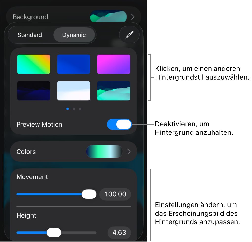 Die Steuerelemente für den dynamischen Hintergrund mit den Miniaturen der Hintergrundstile, der Taste „Bewegungsvorschau“ und Anpassungsoptionen.