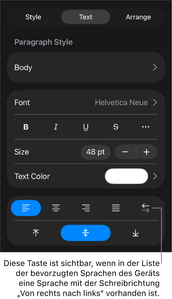 Die Textsteuerelemente im Menü „Format“ mit einer Beschreibung der Taste „Von rechts nach links“.
