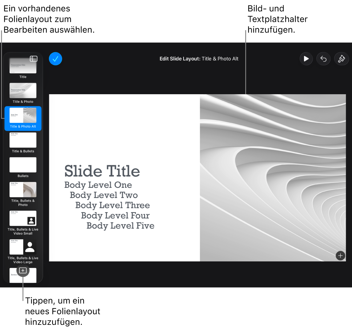 Ein Folienlayout ist auf dem Arbeitsbereich zu sehen, die Taste „Folienvorlage hinzufügen“ befindet sich unten im Foliennavigator.