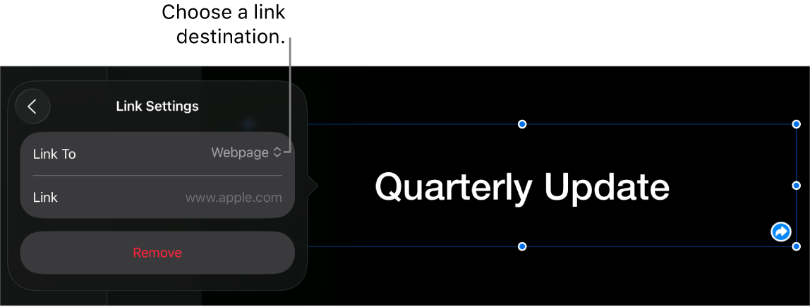 The Link Settings controls with Web Page selected, and the Remove button at the bottom.