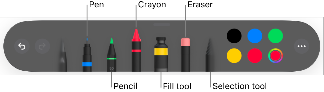 The drawing toolbar with a pen, pencil, crayon, fill tool, eraser, selection tool and colour well showing the current colour.