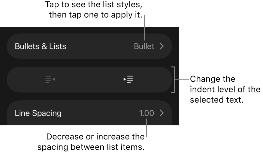 The Bullets & Lists section of the Format controls with callouts to Bullets & Lists, outdent and indent buttons, and line spacing controls.