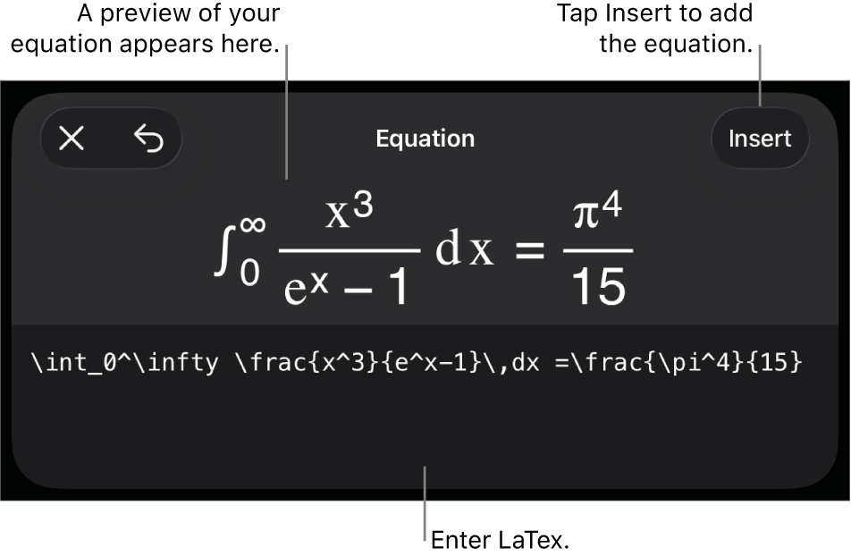 The Equation dialog, showing an equation written using LaTeX commands, and a preview of the formula above.