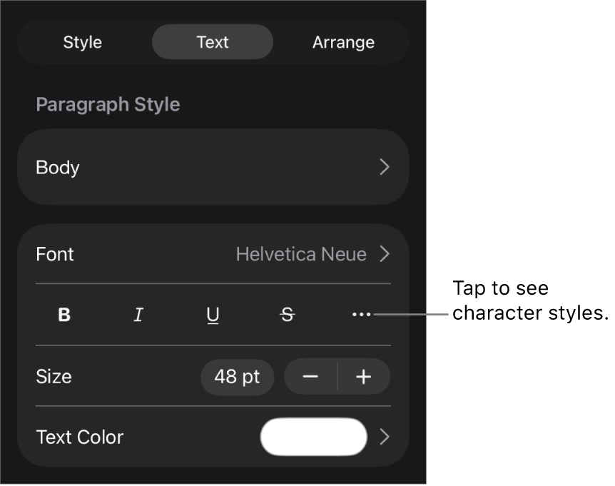 The Format controls with paragraph styles at the top, then Font controls. Below Font are the Bold, Italic, Underline, Strikethrough and More Text Options buttons.