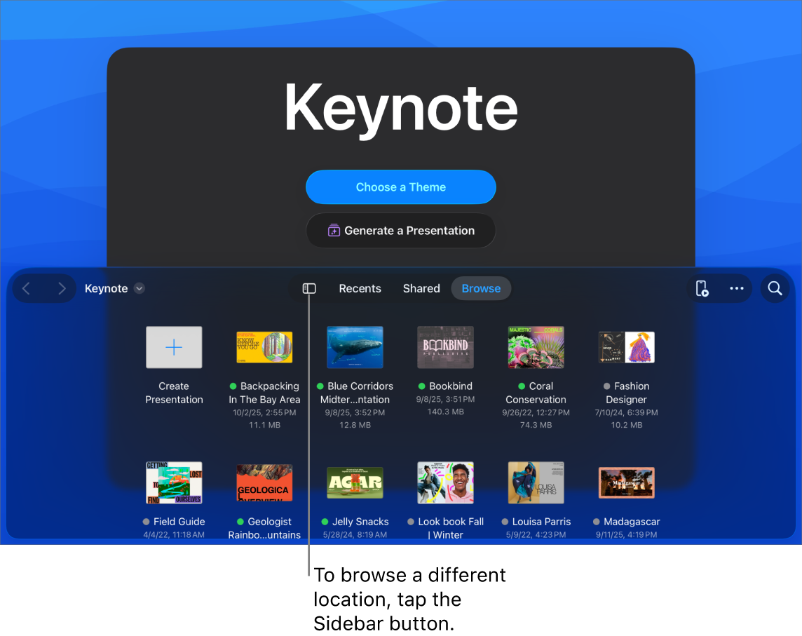 The document manager with buttons to choose a theme and start a presentation from an outline in the top half of the screen, and the document browser with shared presentation in the bottom.
