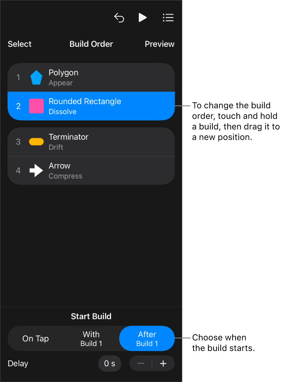 The Build Order list showing build in effects with yellow badges and build out effects with grey badges.