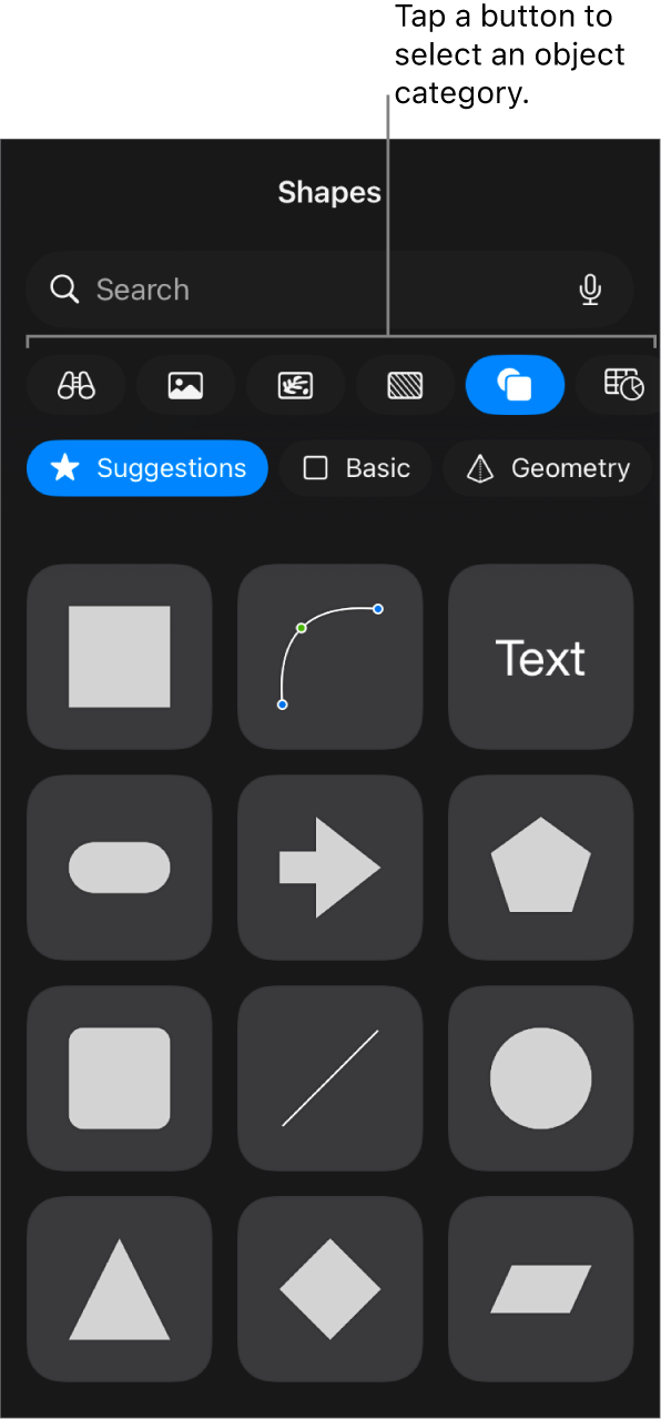 The controls for adding an object, with buttons at the top to choose tables, charts, shapes (including lines and text boxes), and media.