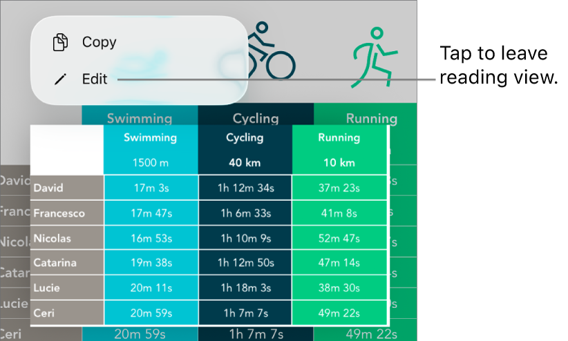 A table cell is selected, and above it is a menu with Copy and Edit buttons.