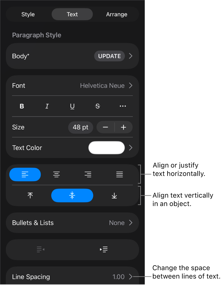 The Layout pane with callouts to the text alignment and spacing buttons.