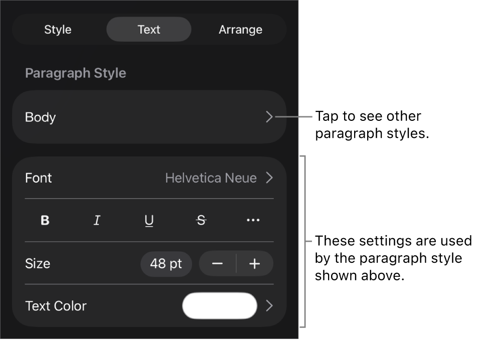 The Format menu showing text controls for setting paragraph and character styles, font, size and colour.