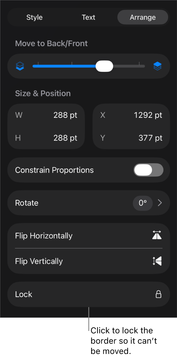 The Arrange controls in the Format menu with the Lock button called out.
