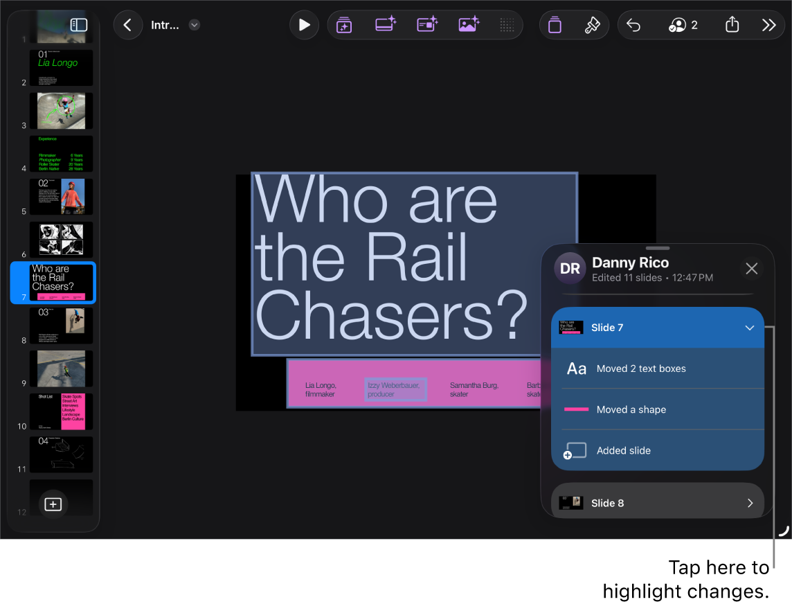 A collaborative presentation with the activity list open.