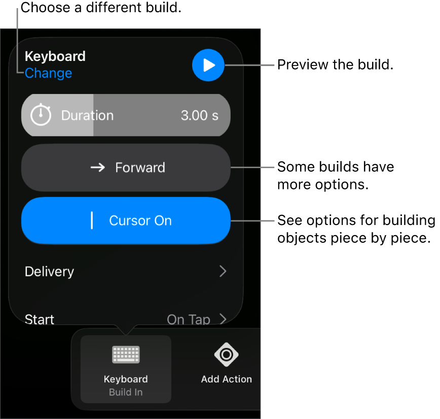 Build options include Duration, Delivery and Start timing. Tap Change to choose a different build, or tap Preview to preview the build.