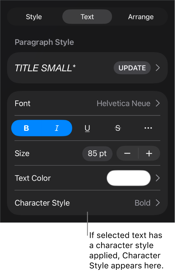 The Text formatting controls with Character Style below the Colour controls. The character style None appears with an asterisk.