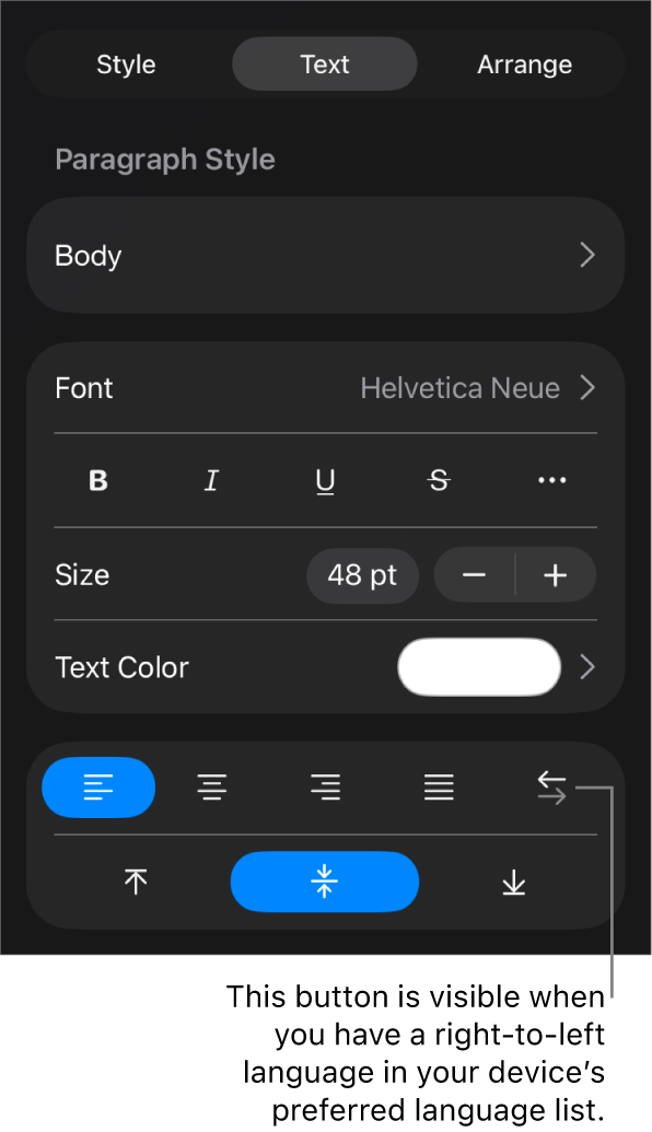 Text controls in the Format menu, with a callout to the Left to Right button.
