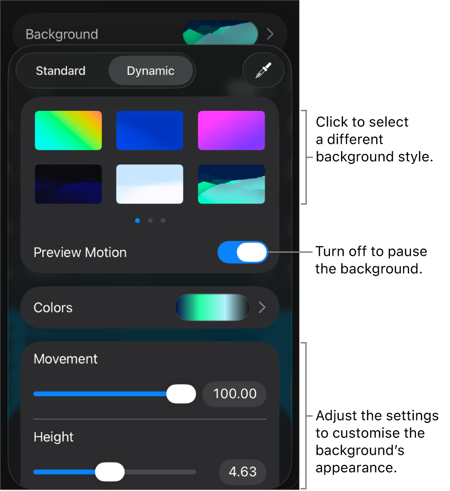 The dynamic background controls with the background style thumbnails, Preview Motion button and customisation controls displayed.