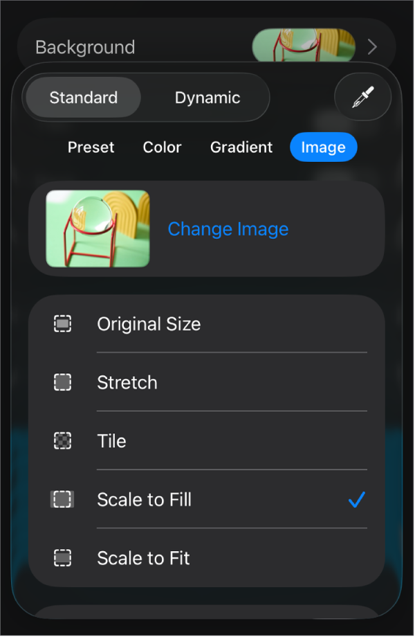 The Background controls with an image set as the slide background and the Colour Overlay control at the bottom.