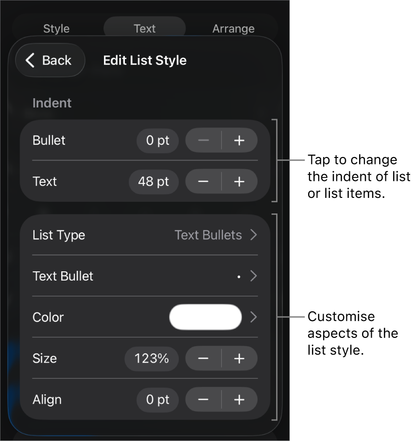 Edit List Style menu with controls for editing the list’s type and appearance.