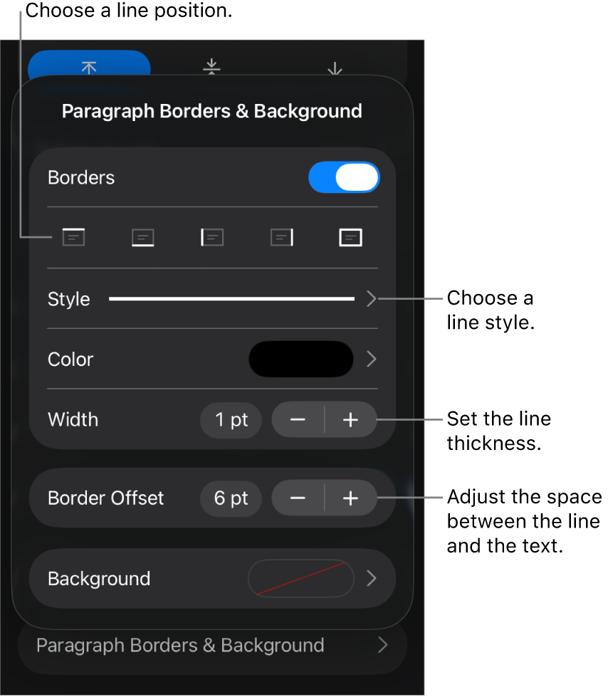 Controls to change the line style, thickness, position and colour.