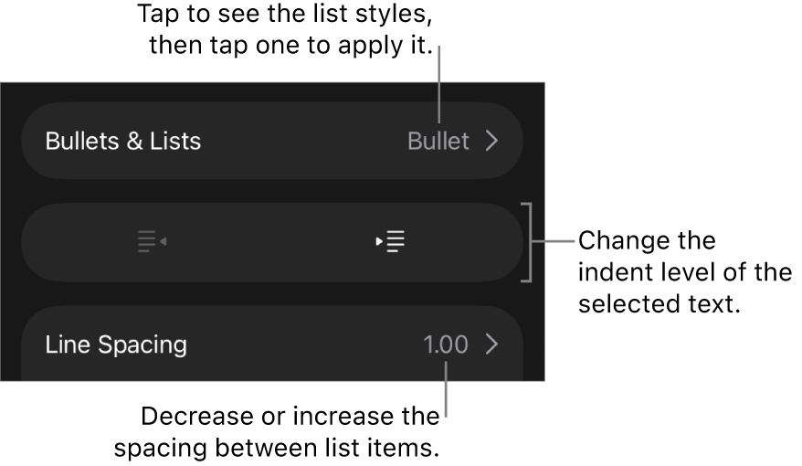 The Bullets & Lists section of the Format controls with callouts to Bullets & Lists, outdent and indent buttons, and line spacing controls.