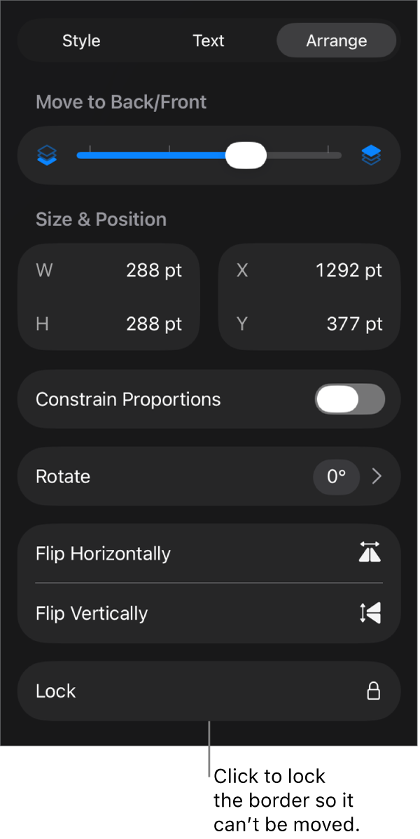 The Arrange controls in the Format menu with the Lock button called out.