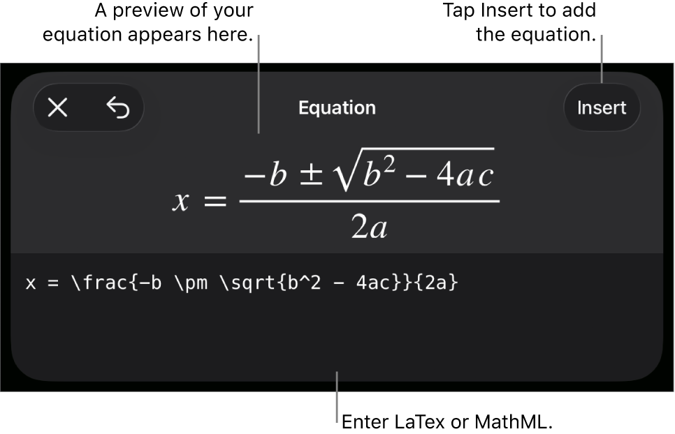 The Equation dialog, showing an equation written using MathML commands, and a preview of the formula above.