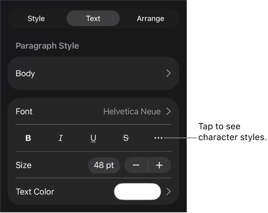 The Format controls with paragraph styles at the top, then Font controls. Below Font are the Bold, Italic, Underline, Strikethrough, and More Text Options buttons.