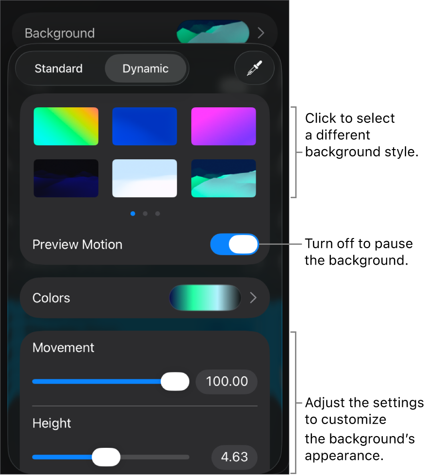 The dynamic background controls with the background style thumbnails, Preview Motion button, and customization controls displayed.